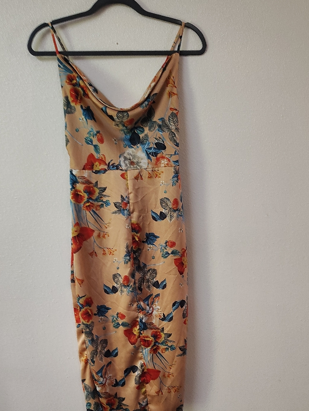 Boohoo Floral Cowl‎ Neck Midi Dress Tan Orange Blue NWT Size 6 Summer Wedding